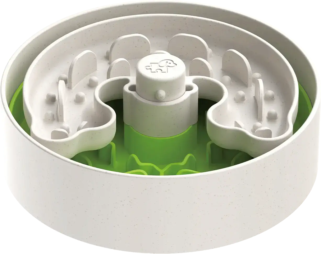 Puzzle Feeder - Anti-schrok Voederbak voor Kleine Honden en Puppies. Langzame eetgewoonte ontwikkelen met speelse groene en witte puzzelvoerbak.