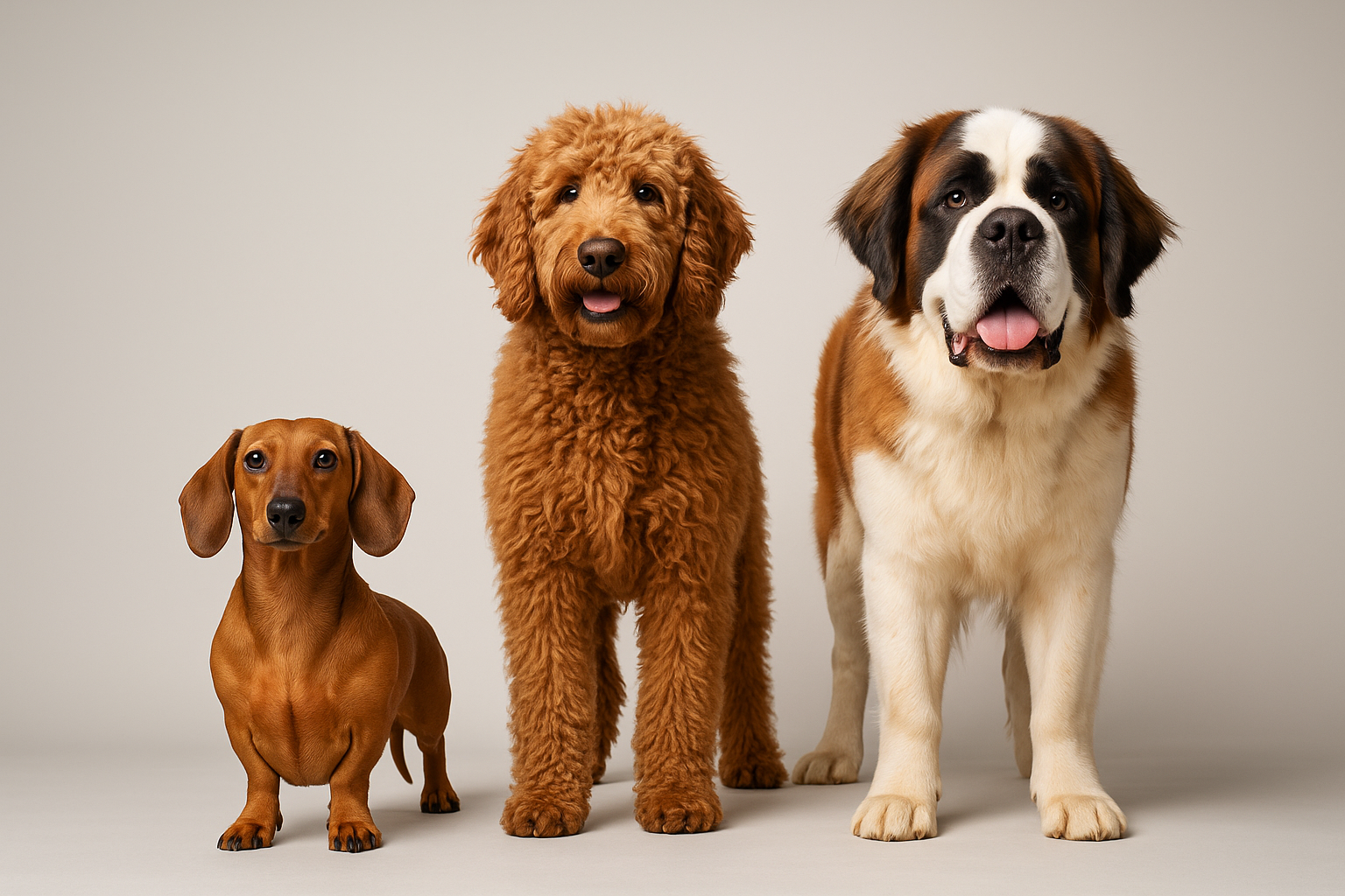 Three dog breeds side by side: Dachshund, Labradoodle, and Saint Bernard