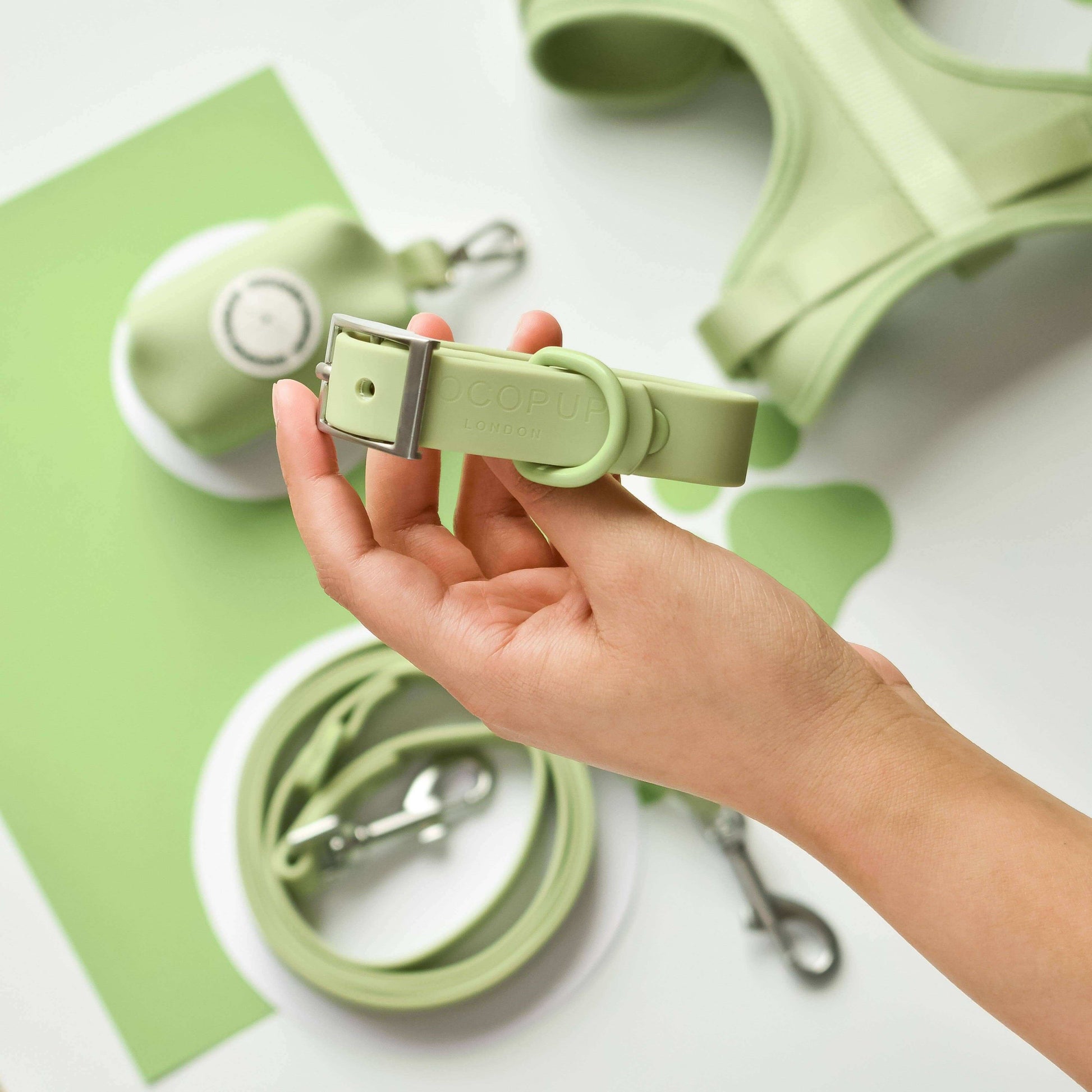Een hand houdt een groene halsband vast voor kleine honden, met D-ringbevestiging en kunststof gesp.